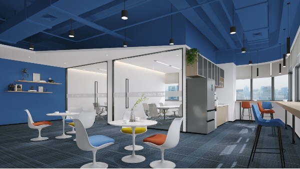 宝安区企业装修效果图-海洋色天花板办公休息区设计